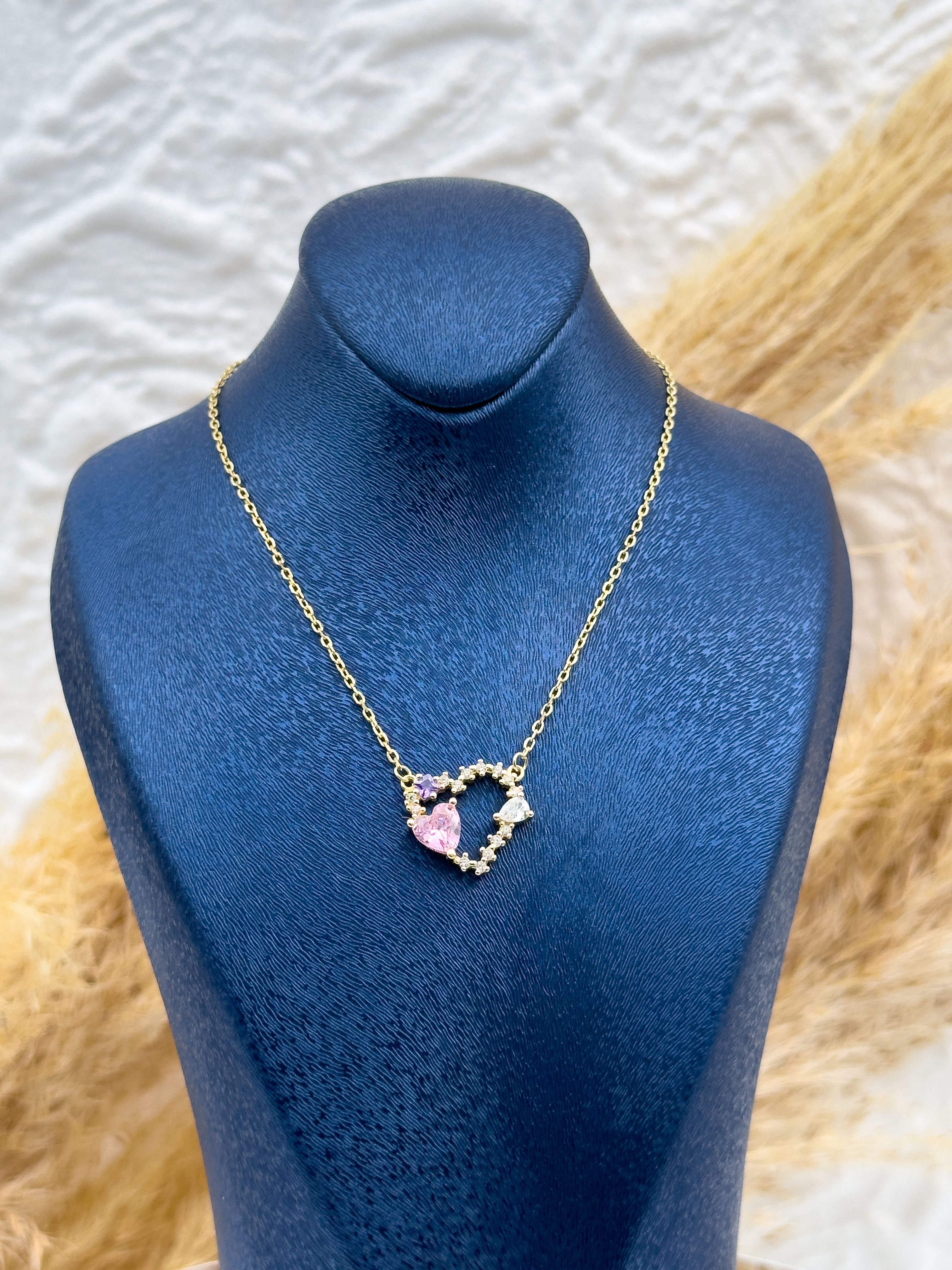 925 Ayar Gümüş Gold Renk Pembe Kuvars Taşlı Kalpli Kadın Kolye – Özel Tasarım Hediyelik